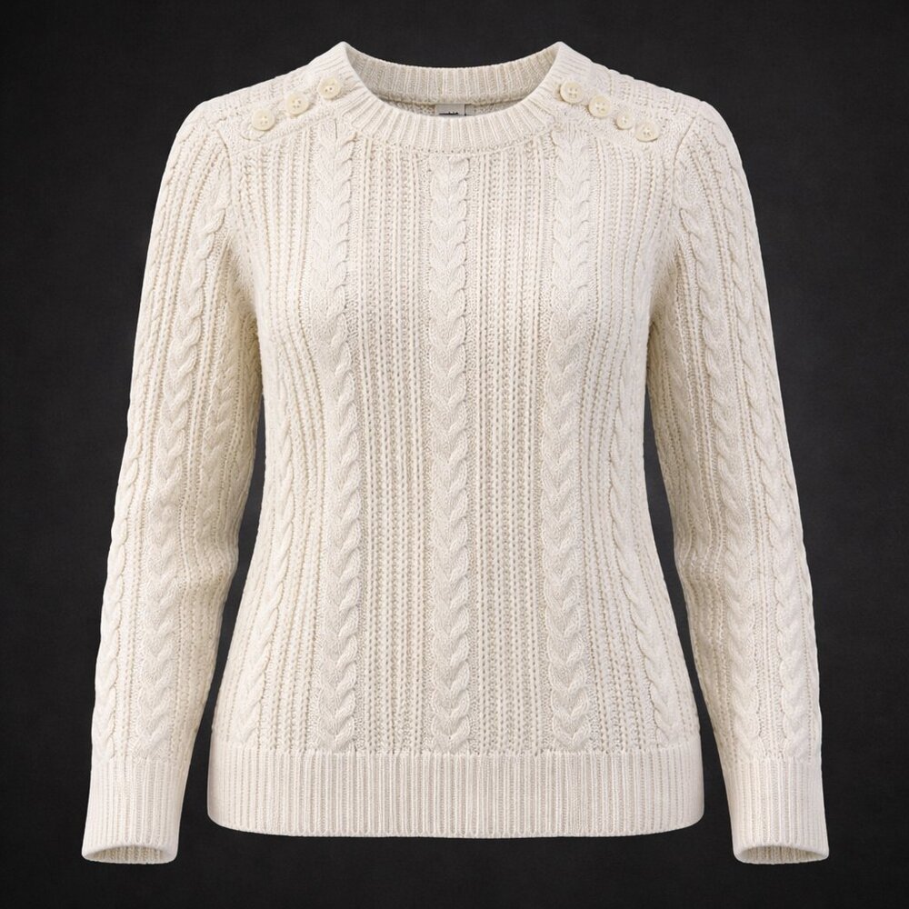 LL Bean Womens Cream Cotton Cable Knit Shoulder Button Pullover Sweater Large